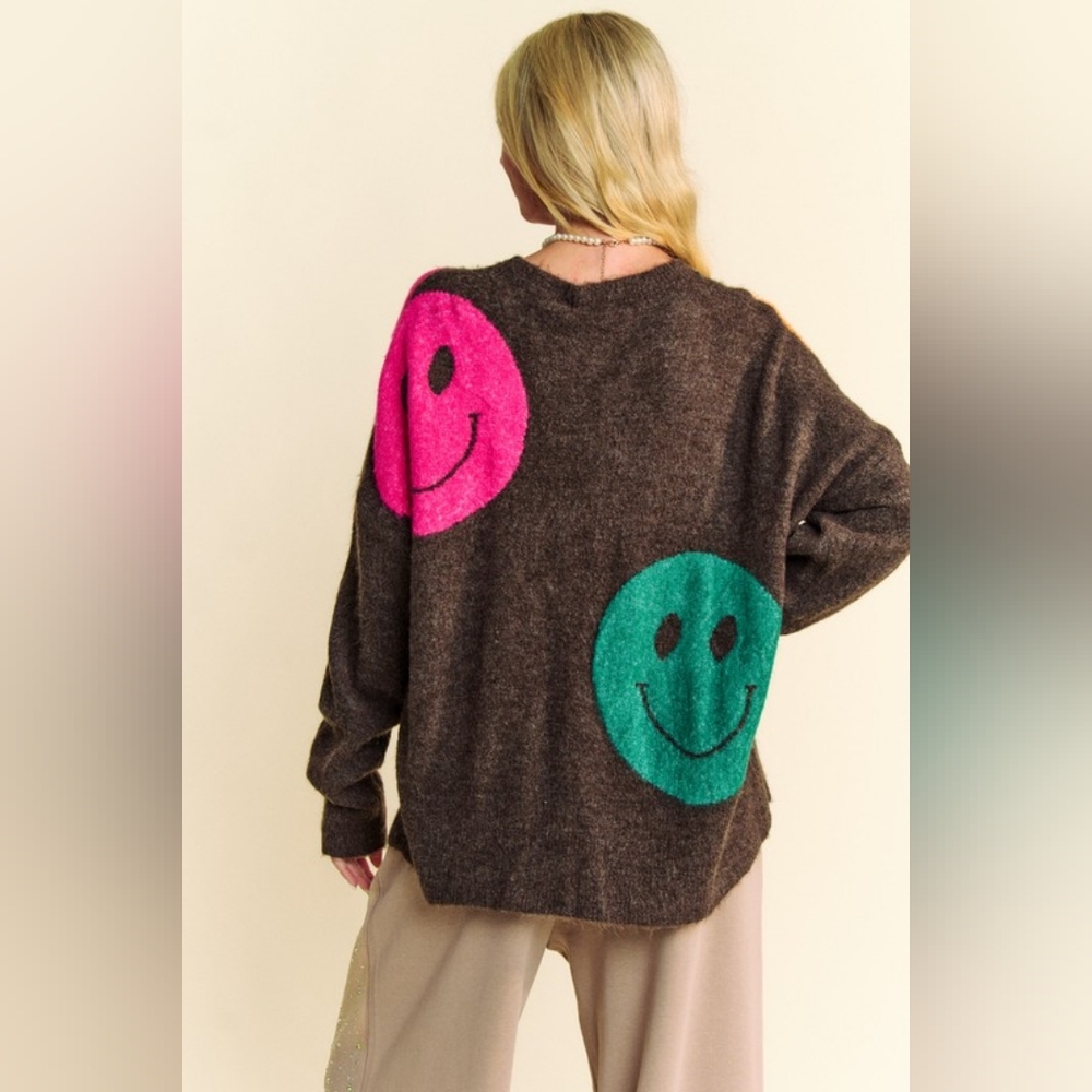 DAVI & DANI Knit Smiley Face Contrast Long Sleeve Oversized Pullover Sweater Top - Picture 10 of 16